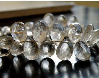 Deep Discount Sale Rutilated Quartz Briolette Gemstone Golden Faceted Pear Teardrop 9 to 10mm 28 beads