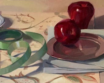 Art painting original oil on canvas by Sarah Sedwick "Green Loops" 10x20"
