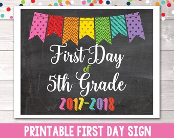 Printable First Day of 5th Grade Sign Instant Download Printable PDF for 1st Day of Fifth Grade Glitter Bunting 2017-2018 School Year