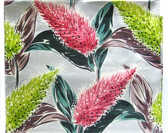 1940s 1950s Vintage Upholstery Fabric with Large Leaf Pattern in Pink Green Chartreuse on Silver Gray / Satin Finish