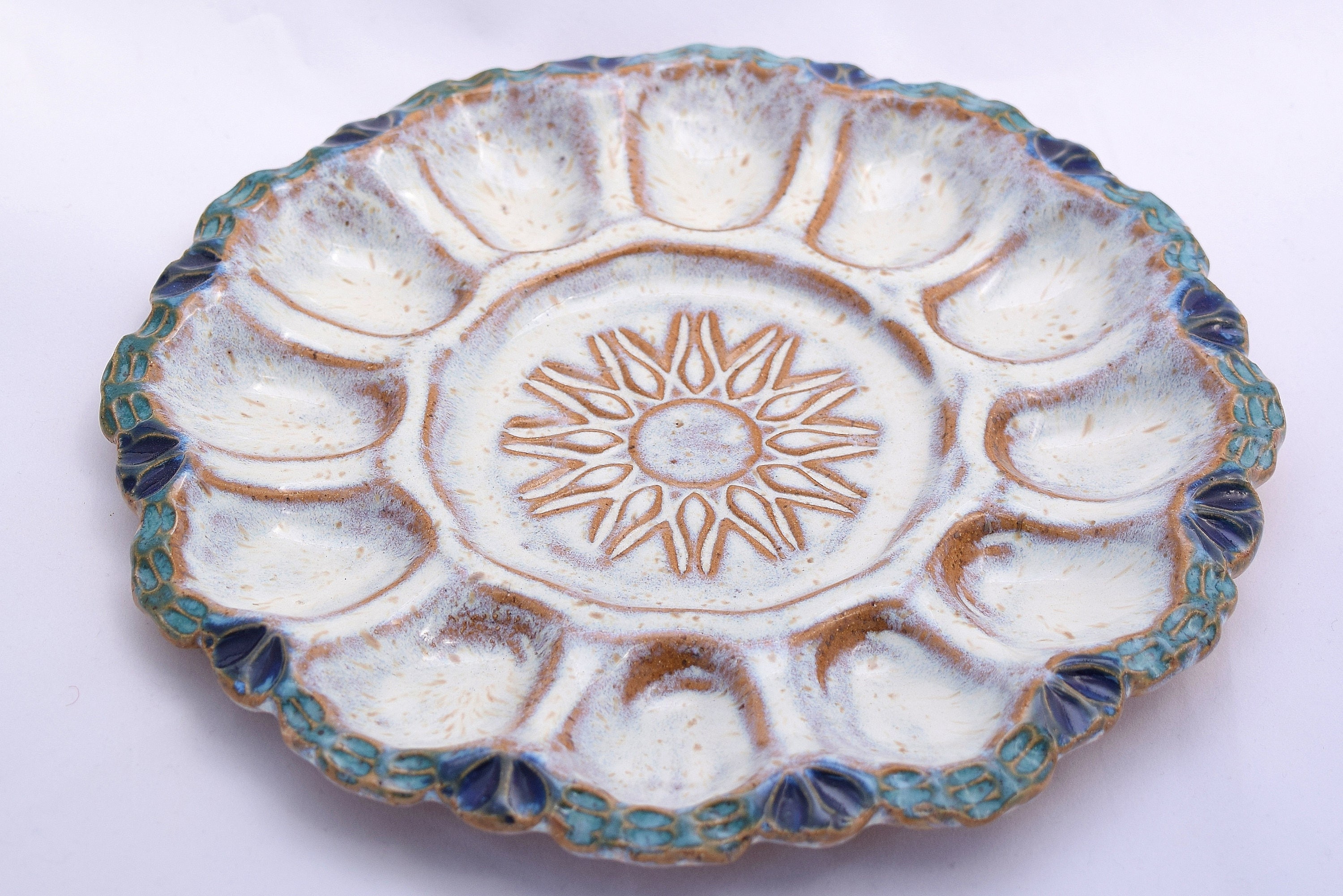 Small Deviled Egg Plate / Platter in Cream Blue and Teal