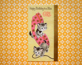 Vintage Birthday Greeting Card Cute Kittens with Pink Rotary Telephone
