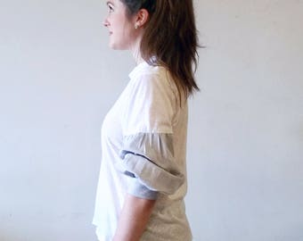 Women's Crew Neck with 3/4 Puff Sleeve in White, Women's Cotton Knit Tops with 3/4 Gathered Sleeve, Women's Clothing 3/4 Puffed Sleeve Top