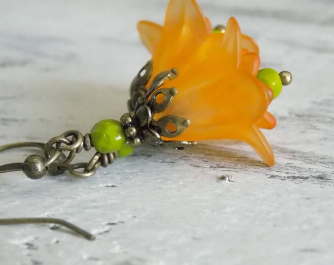 Orange Earrings Tulip Flower Bell Lucite Earrings Filigree Brass Czech Glass Green Chartreuse Papaya Floral Earrings Light Gift For her