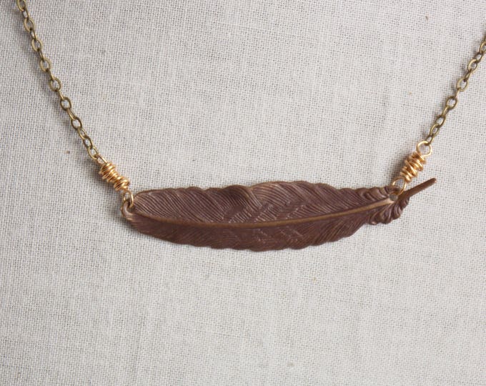 Feather Necklace Sideways Antique Brass Feather Boho Bohemian Fall Jewelry Hematite Beaded Necklace Joanna Gains Style Necklace Simple Light