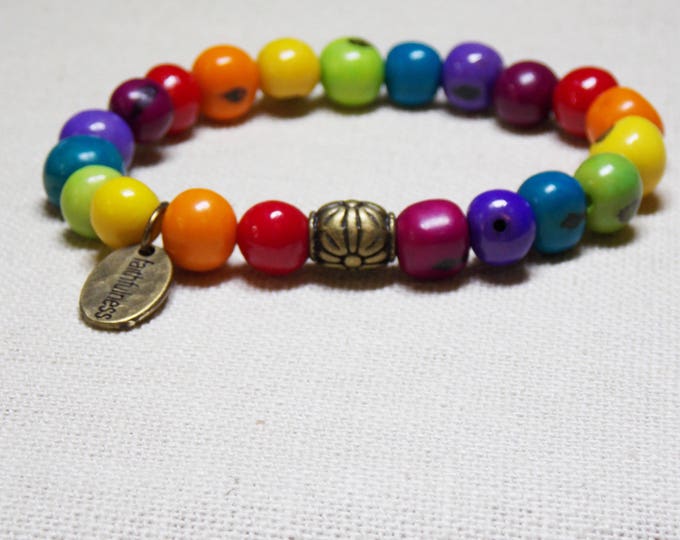Rainbow Bracelet Acai Nut Beaded Stretch Bracelet Brass Charm Faithfulness Colorful Nut Beaded Boho Christian Jewelry Bracelet