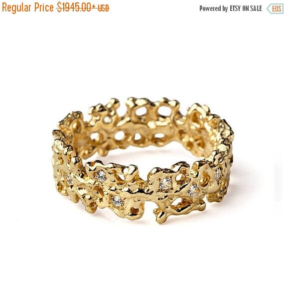 SALE 20% Off CORAL Unique Wedding Band Ring 18k Gold