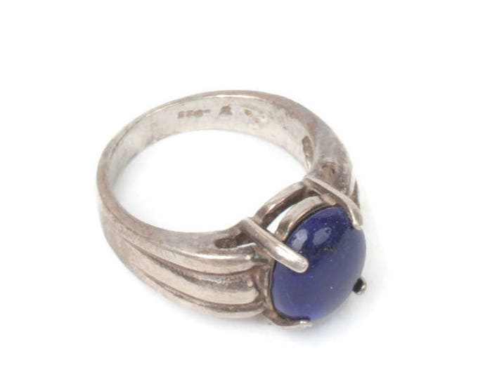 Lapis Glass Cabochon Sterling Modernist Ring Size 7