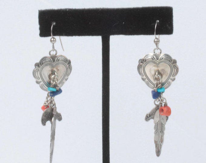 Southwestern Style Dangle Earrings Heart Feather Bear Stones Signed QT Vintage