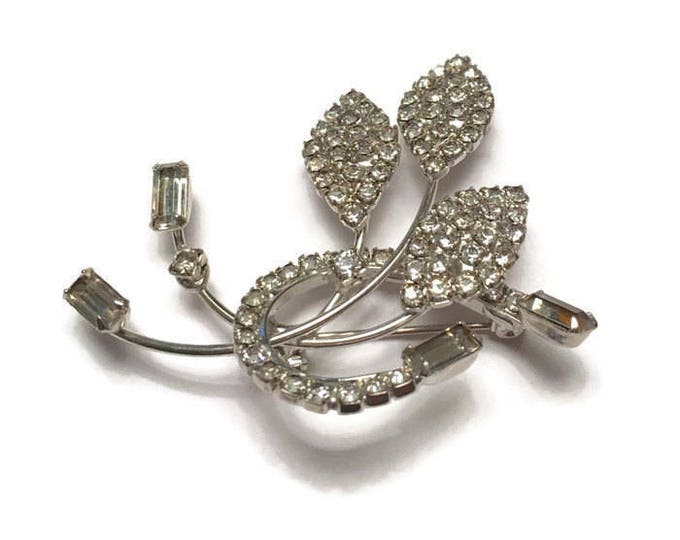 Clear Rhinestone Floral Brooch Art Nouveau Style Older Vintage