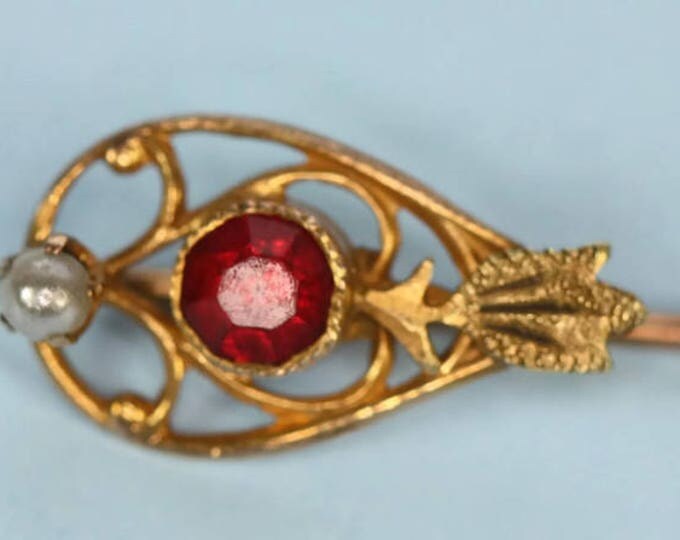 10K Gold Stickpin Simulated Ruby and Seed Pearl Victorian Pin