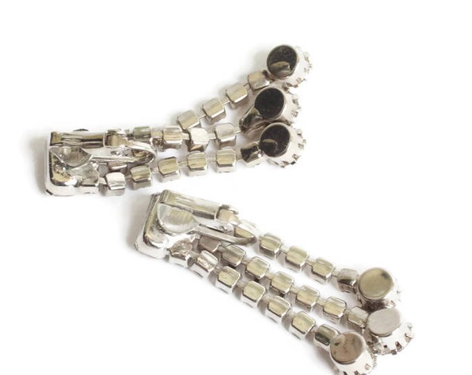 Clear Rhinestone Crystal Dangle Earrings Three Strands Baguettes Chatons Vintage