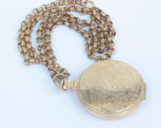 Max Factor Powder Compact Necklace Embossed Floral Design Pocket Watch Case Style Necklace