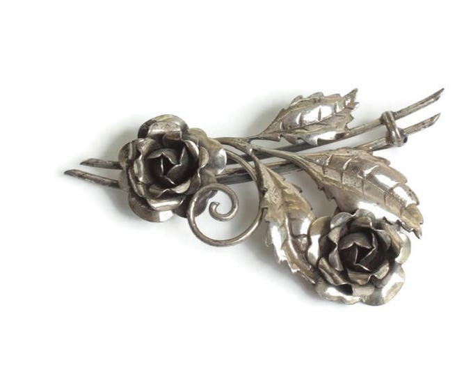 Retro Double Flower Sterling Brooch 1940s Vintage