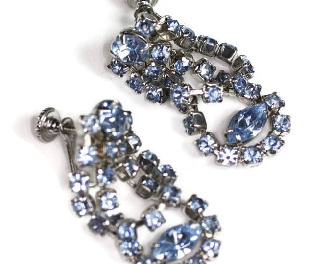 Blue Rhinestone Earrings Draped Dangle Screw Backs Vintage