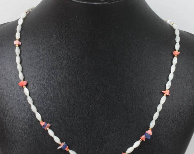 Mother of Pearl Rice Bead Necklace Coral Lapis Bead Accents Vintage