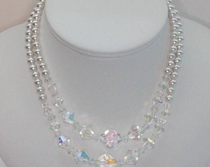 AB Crystal and Pearl Necklace Two Strands White Pearls Wedding Necklace