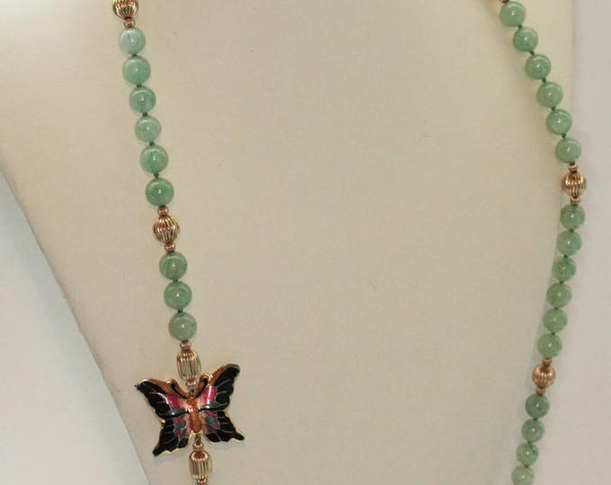 Green Aventurine Bead Necklace Cloisonne Butterfly Focal Gold Tone Beads Hand Knotted Vintage