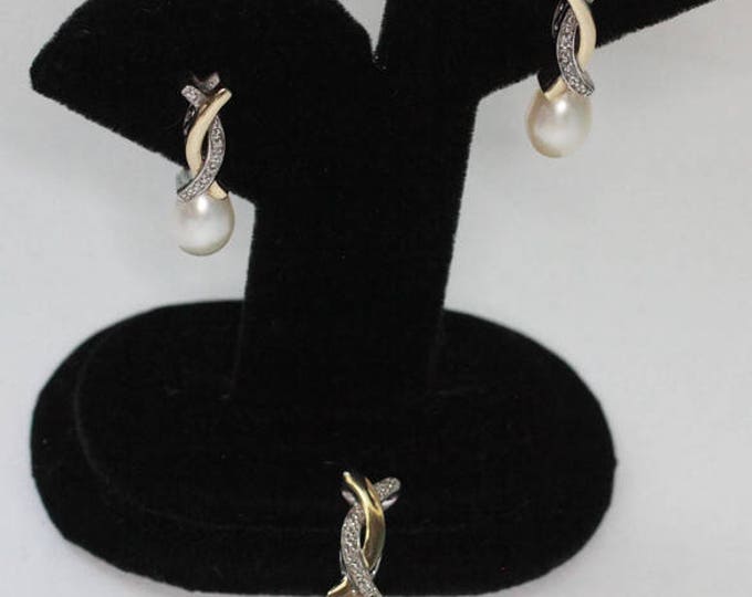 14K Gold Sterling Pearl Pendant Earrings Diamond Accents Alwand Vahan Gift Set Vintage