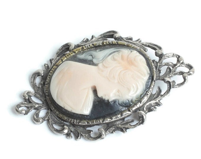 Off White Cameo Brooch Woman in Silhouette Black Background Brooch Fancy Silver Tone Frame Mid Century