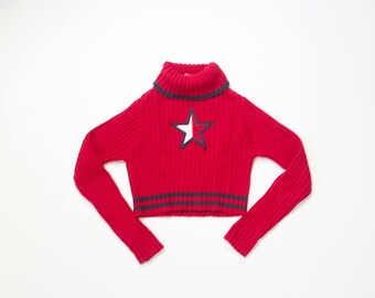 Tommy Hilfiger Crop Top Sweater Cropped Mock Neck American Flag Star Jumper 1990s Knit Top 90s Midriff Sporty Slouchy Shirt Iconic Medium