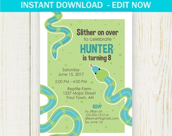 Reptile Party Invitation, Boys Birthday Invitation, EDIT NOW, Reptile Birthday Invitation, Snake Party, Snake Invitation,