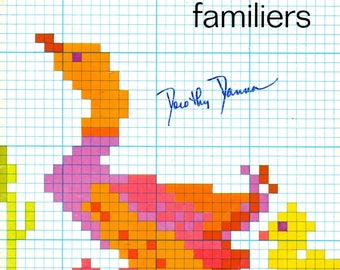 Les Animaux Familiers Turkey Duck Frogs Mushrooms Pigs Chickens Rainbow Hay Wagon Swans Fish Bees Counted Cross Stitch Craft Pattern Leaflet
