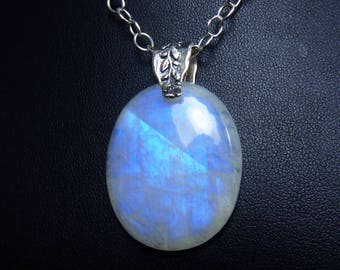 LARGE Rainbow Moonstone Necklace, LARGE Rainbow Moonstone Pendant, Glowing Cobalt Blue, Royal Blue, & Cornflower Blue Fire, Sterling Silver