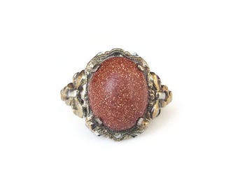 Clark and Coombs Sterling 10K Gold Ring - Goldstone, Sunstone, Antique Ring, Vintage Ring, Vintage Jewelry, Size 5.25