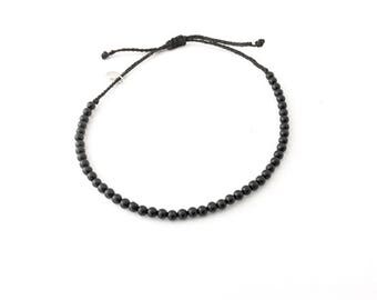 Black tourmaline bead bracelet, tourmaline adjustable bracelet, waxed thread with beads bracelet, boho beach bracelet
