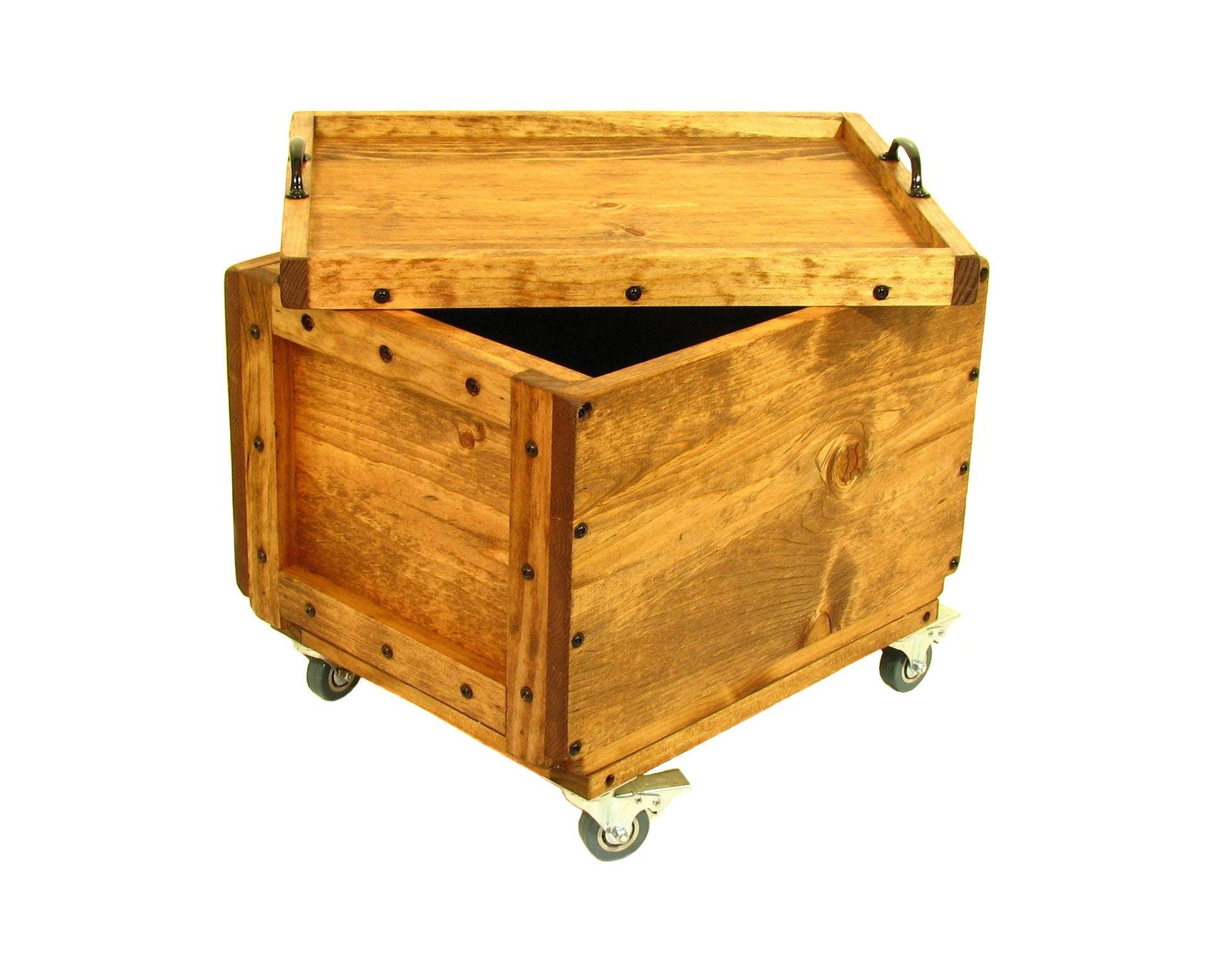 Wooden Box on Wheels Rolling Wood Crate with Lid Mobile