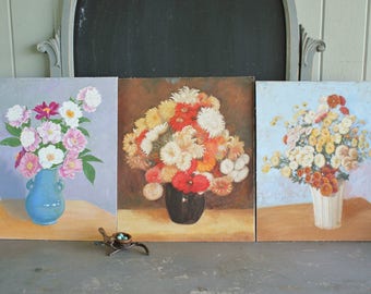 3 Vintage Oil Paintings of Lush Still Lifes of Flowers