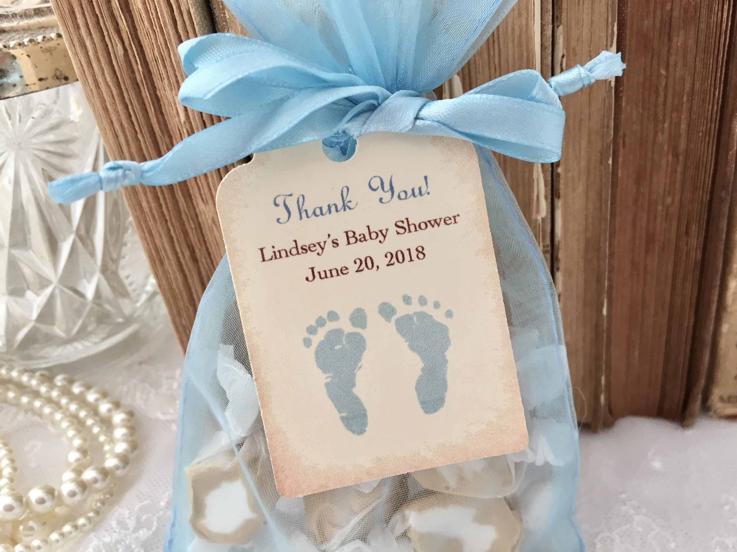 Baby Shower Favor Set Organza Bags and Personalized Tags Blue