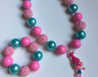 Trolls Poppy Jewelry - Poppy Bracelet - Trolls Bracelet - Poppy Necklace - Troll Birthday - Trills Necklace - Poppy Troll Bracelet Girl