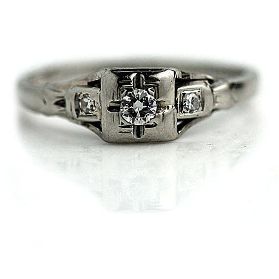 Art Deco Diamond Engagement Ring .12ctw Old European Cut Filigree Ring Antique Vintage Ring 18K White Gold Petite Conflict Free Ethical Ring
