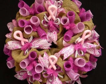 10% OFF Breast Cancer Wreath, Burlap Wreath, Awareness Wreath, Natural Pink Hot Pink, Wreaths for the Door (1794-1)
