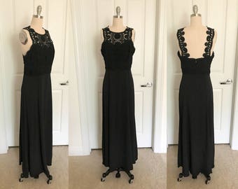 1980s Black Lace Overlay Column Gown // Jessica McClintock Sz. Medium //Formal Prom