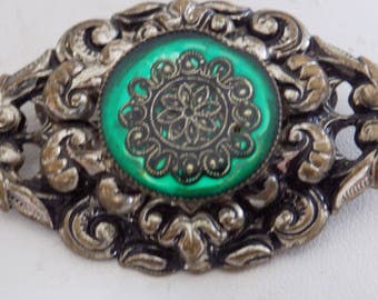 Vintage brooch, floral repousse and green enamel antique brooch, art nouveau brooch, antique jewelry