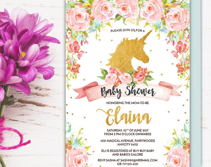Unicorn Baby Shower Invitation, Magical Whimsical Enchanting Gold Glitter Floral Unicorn Printable Invitation, Girl Baby Shower Invite