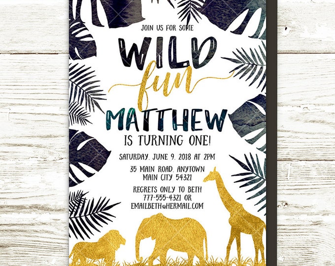 Jungle Safari Birthday Invitation, Lion Elephant Giraffe Animals Wild Fun Birthday Party, Tropical Gold Black Modern Printable Invitation