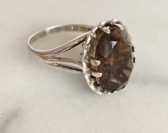 Vintage 1970's 1978 Smoky Quartz Stone Silver Ring N 6 1/2 - 7 Modernist Style