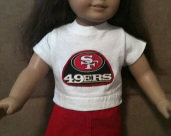 15 inch or 18 inch doll (modeled by American Girl and Bitty Baby) San Francisco 49ers shirt and skirt