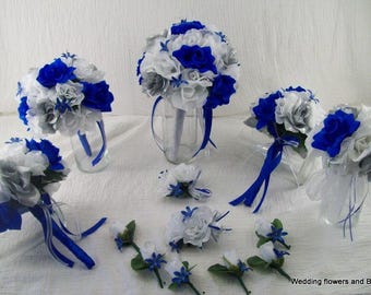 Royal Blue Silver And White Bridal Boquets Silk Rose Wedding Package Roses 13 Pieces Made To Royal Blue Silver And White Bridal Boquets Silk Rose Wedding Package Roses 13 Pieces Made To
