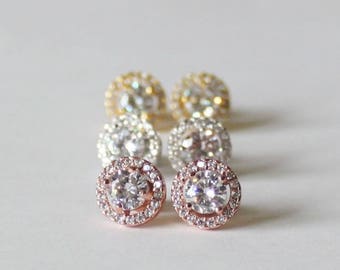 Rose gold CZ earrings, Bridesmaids earrings, Bridesmaids crystal studs, Cubic Zirconia earrings, Bridesmaids gifts, Gold bridal earrings