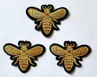 3pcs Gold Queen Bee Embroidered Applique Patches. Iron On or Sew On Patches for T-shirts, Jeans and Jackets. Black & Metallic Gold Bees 55mm