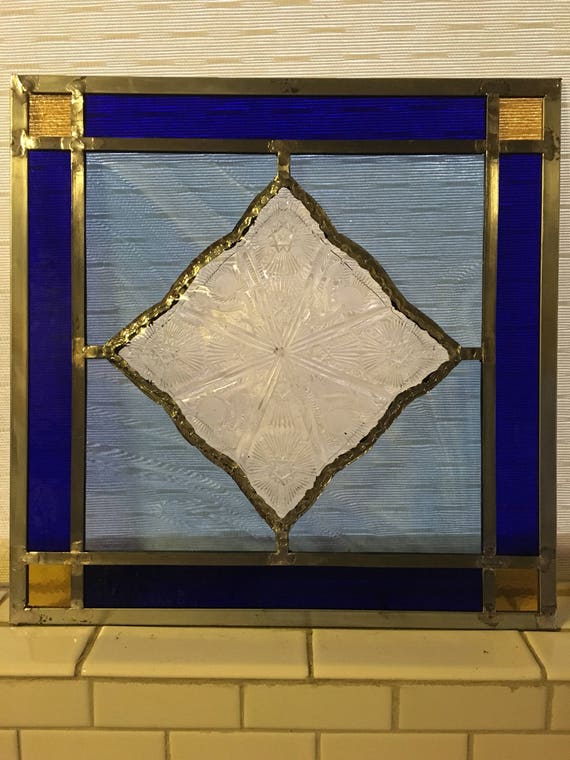 Blue and Gold Stained Glass Dish Panel