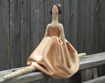 Fabric doll ballerina doll princess doll cloth doll in golden dress cute stuffed doll art doll brunette softie plush doll - gift for girls