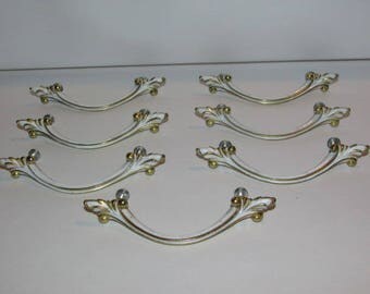 7 French Provincial Drawer Pulls, Vintage 1960s, White & Gold Furniture Hardware, Hollywood Regency, Dresser Handles, Shabby Country Cottage