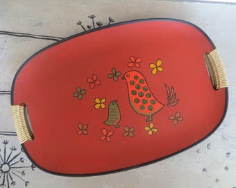 Set of 5 Vintage Serving Trays Orange Trays with Birds Kitschy Tray Serving Platter