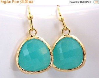 SALE Glass Earrings, Gold Mint Earrings, Aqua Earrings,Aqua Blue, Bridesmaid Earrings, Bridal Earrings Jewelry, Bridesmaid Gifts